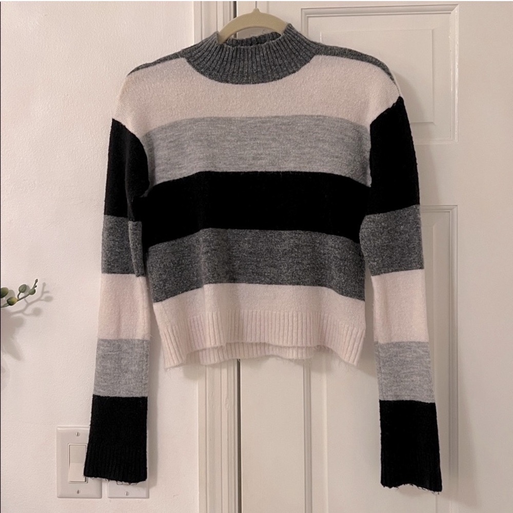 Express Soft Fuzzy Mock Neck Striped Sweater